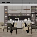 Modern Restaurant Interior Design With Dining Table Chairs Hanging Lights Open Cabinets And Plants