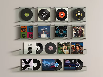 Wall Decor Featuring Vinyl Records CDs Headphones and Mounted Shelf 3d model