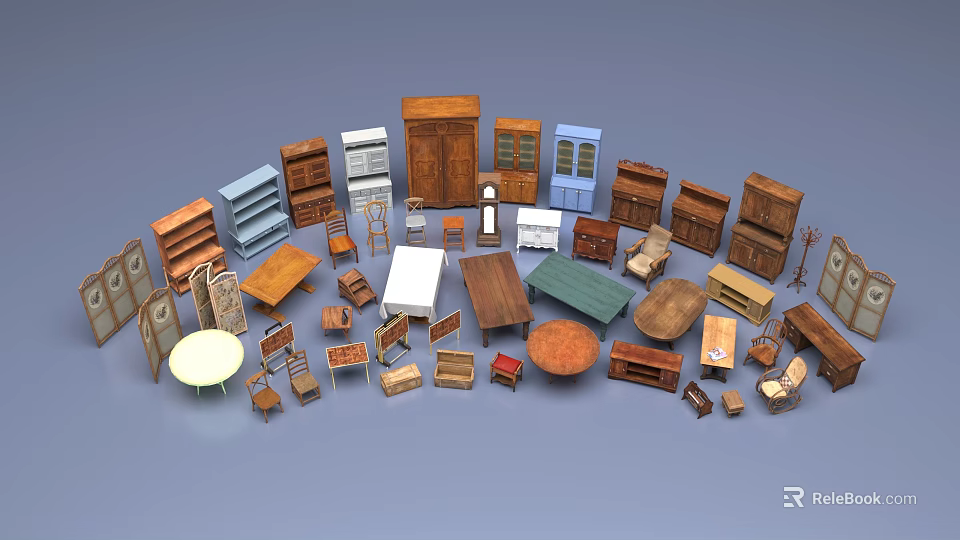 Various Styles Wooden Table And Chair Sets With Different Colors Shapes And Multiple Furniture Pieces 3d model 