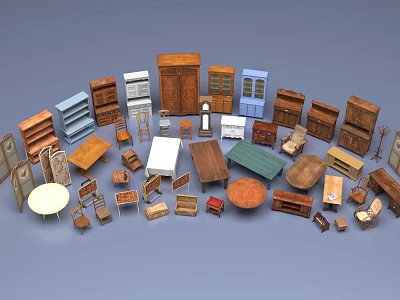 Various Styles Wooden Table And Chair Sets With Different Colors Shapes And Multiple Furniture Pieces 3d model