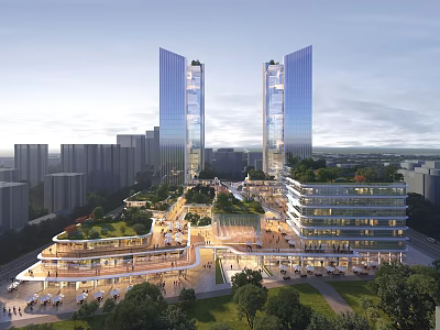 Modern Urban Commercial Complex With Tall Glass Towers Green Roof Gardens And Open Plaza 3d model