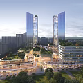Modern Urban Commercial Complex With Tall Glass Towers Green Roof Gardens And Open Plaza