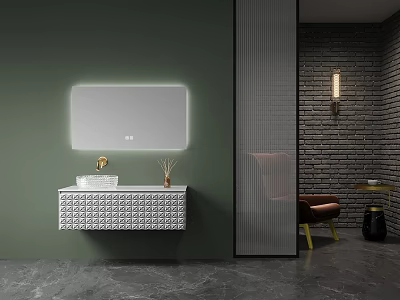 Modern Bathroom Vanity Cabinet With White Patterned Design And Illuminated Mirror On Green Wall 3d model