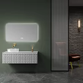 Modern Bathroom Vanity Cabinet With White Patterned Design And Illuminated Mirror On Green Wall