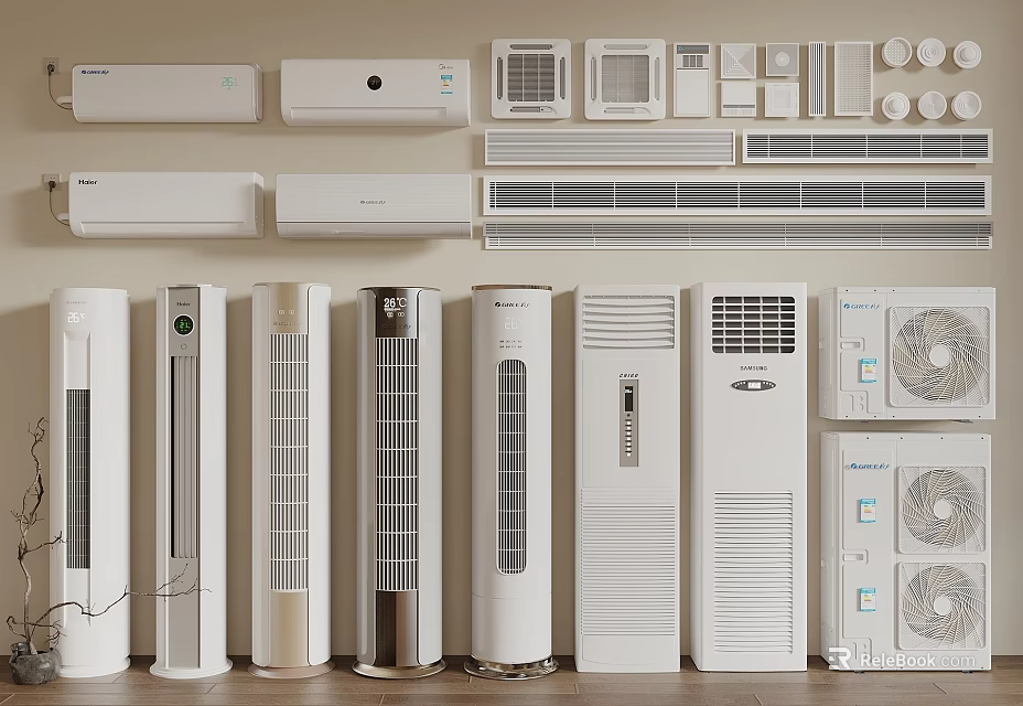 Various Types of Air Conditioners and Fans Including Wall Mounted and Floor Standing Units 3d model 