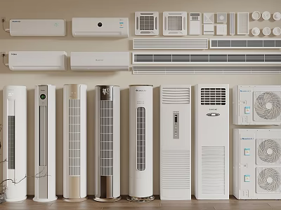 Various Types of Air Conditioners and Fans Including Wall Mounted and Floor Standing Units 3d model