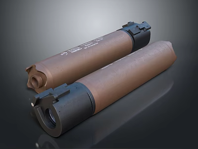 Weapon Two Brown Cylindrical Military Ammunition Shells With Black Components On Dark Surface 3d model