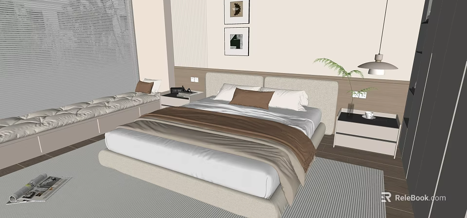 Modern Double Bed In Bedroom With Bedside Tables Decorative Paintings And Potted Plant 3d model 
