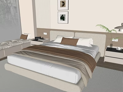 Modern Double Bed In Bedroom With Bedside Tables Decorative Paintings And Potted Plant 3d model