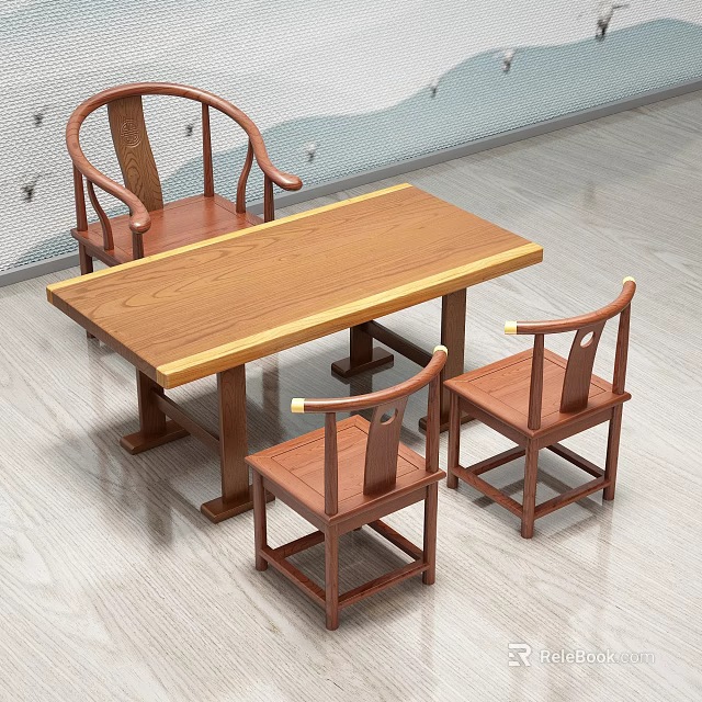 Traditional Chinese Style Wooden Tea Table With Rectangular Top And Three Armchairs 3d model