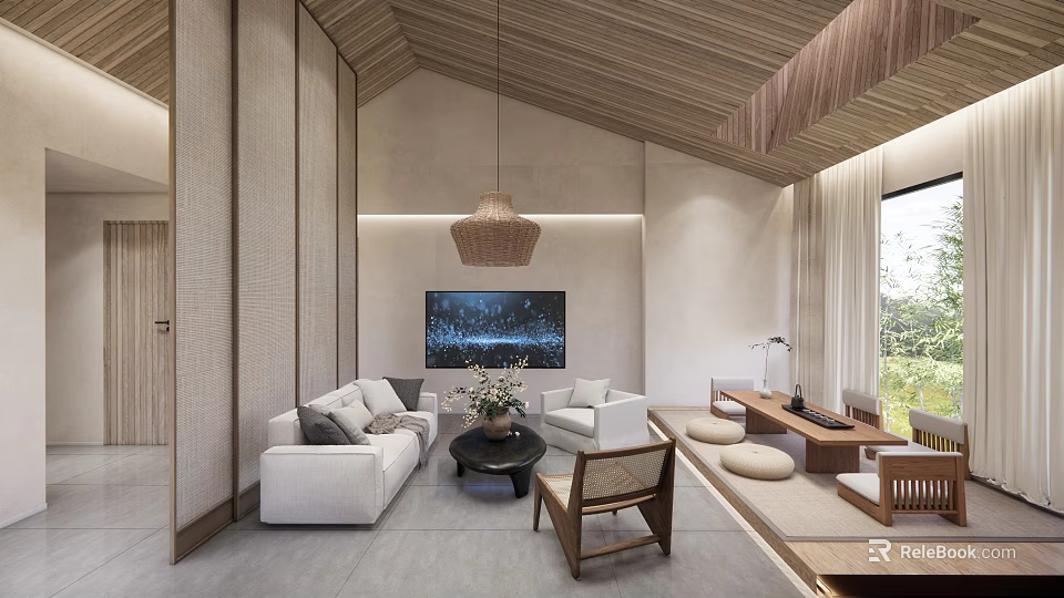 Modern Hotel Room Interior With Wooden Ceiling Pendant Light Sofa TV And Natural Light 3d model 