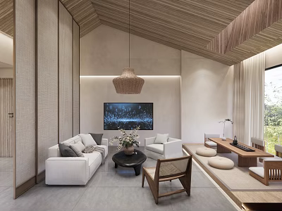 Modern Hotel Room Interior With Wooden Ceiling Pendant Light Sofa TV And Natural Light 3d model