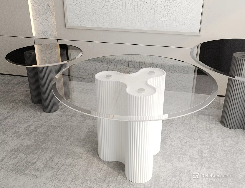 Modern Round Coffee Table With Glass Top And White Ribbed Base Design 3d model 