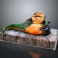 Obese Green Game Movie Character With Orange Belly Sitting On Stone Platform
