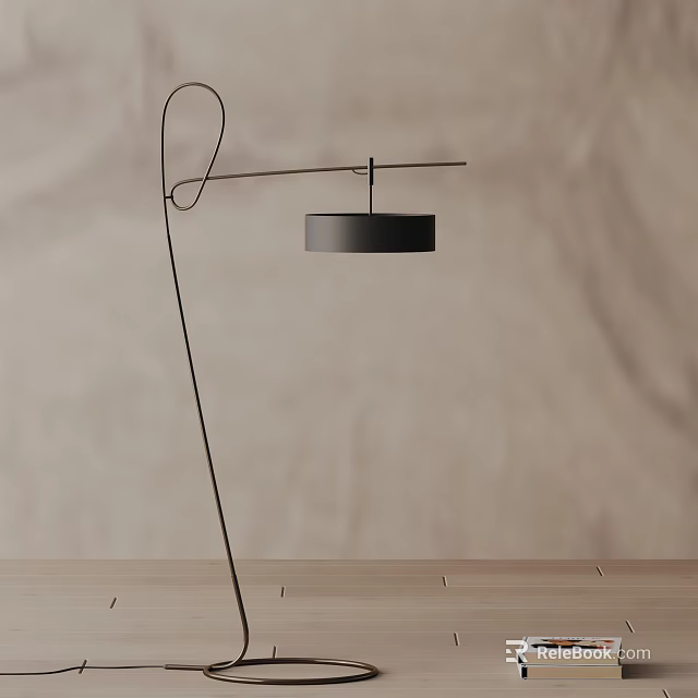 Modern Minimalist Floor Lamp With Curved Metal Stand And Cylindrical Shade On Wooden Table 3d model 