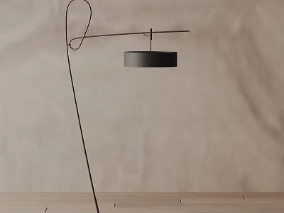 Modern Minimalist Floor Lamp With Curved Metal Stand And Cylindrical Shade On Wooden Table 3d model