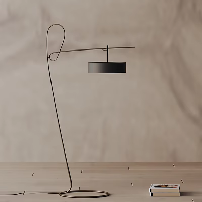 Modern Minimalist Floor Lamp With Curved Metal Stand And Cylindrical Shade On Wooden Table 3d model