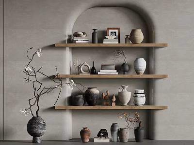 Arched Wall Shelves With Decorative Vases Photo Frame And Twig Decoration 3d model
