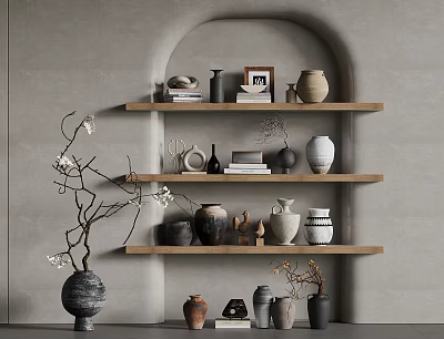 Arched Wall Shelves With Decorative Vases Photo Frame And Twig Decoration 3d model