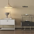 Modern White and Dark Bedside Tables with Metal Frame Drawers Shelves Decor on Wooden Floor
