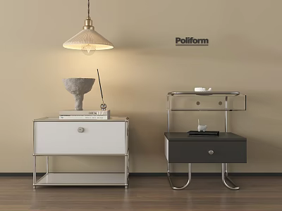 Modern White and Dark Bedside Tables with Metal Frame Drawers Shelves Decor on Wooden Floor 3d model