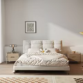 Modern Double Bed with Beige Upholstered Headboard Striped Bedspread Nightstands Floor Lamp and Geometric Rug