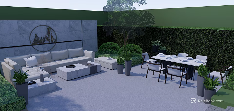 Gray Feature Wall Featuring Circular Design In Outdoor Patio With Sofa Dining Table And Plants 3d model 