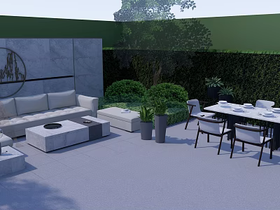 Gray Feature Wall Featuring Circular Design In Outdoor Patio With Sofa Dining Table And Plants 3d model
