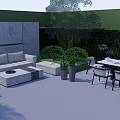 Gray Feature Wall Featuring Circular Design In Outdoor Patio With Sofa Dining Table And Plants