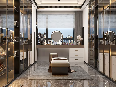 Luxurious Modern Walk in Closet With Glass Door Cabinets Round Mirrors And Marble Floor 3d model