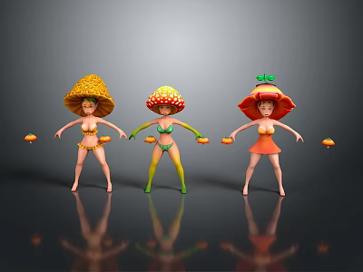 Anthropomorphic Fruit Characters In Pineapple Strawberry Hats Standing With Colorful Costumes And Small Fruits 3d model