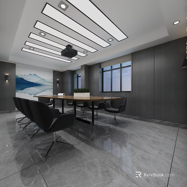 Modern Conference Room Interior With Wooden Table Black Chairs Linear Ceiling Lights And Landscape Painting 3d model 