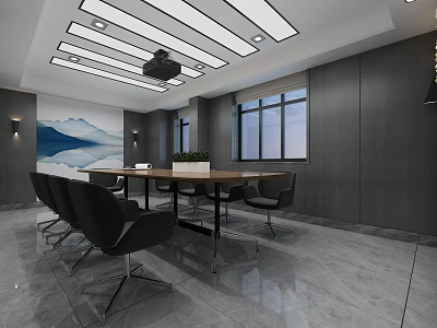 Modern Conference Room Interior With Wooden Table Black Chairs Linear Ceiling Lights And Landscape Painting 3d model