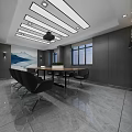 Modern Conference Room Interior With Wooden Table Black Chairs Linear Ceiling Lights And Landscape Painting