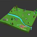 Green 3D Landscape Model With River Trees Stones And Small Lake