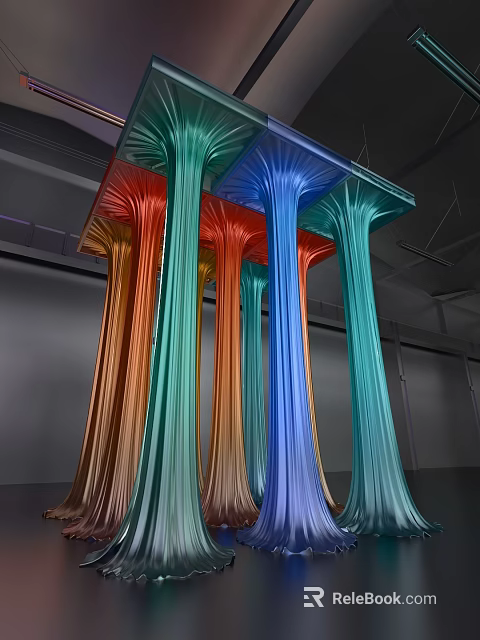Colorful Art Installation With Flowing Column Structures In Red Orange Green And Blue Hues 3d model 