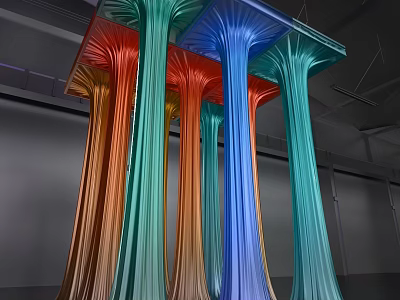 Colorful Art Installation With Flowing Column Structures In Red Orange Green And Blue Hues 3d model