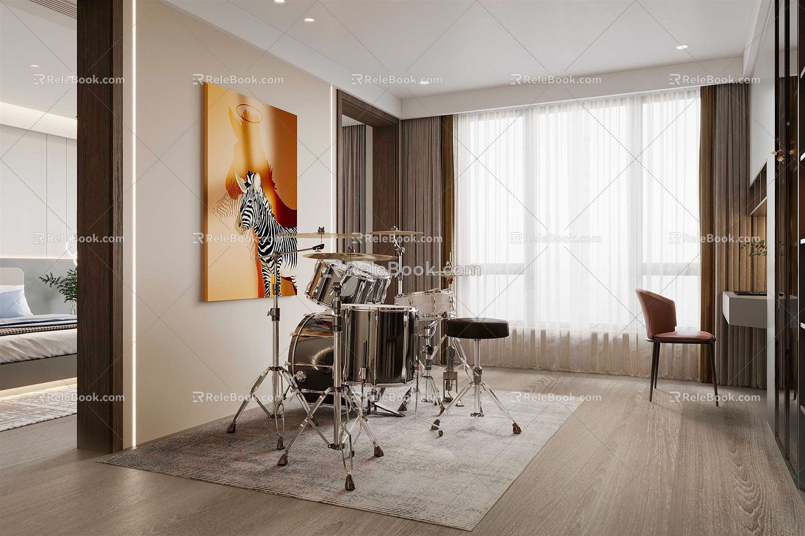 Modern Entertainment Room Drum Equipment Study Leisure Entertainment Room Music Room 3d model