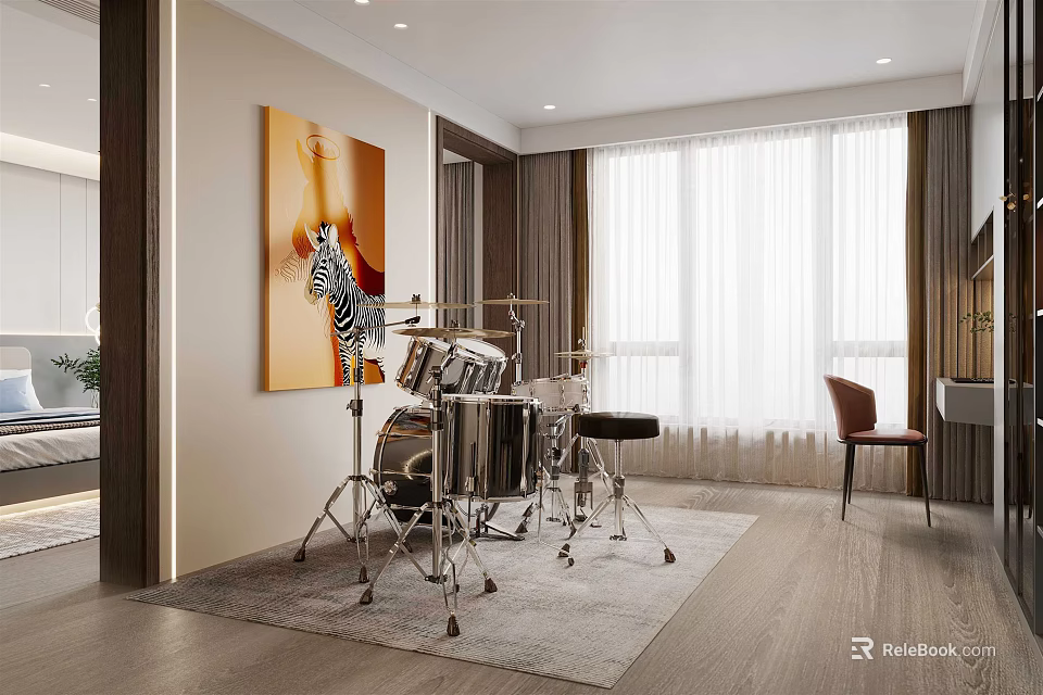 Modern Entertainment Room Interior With Drums Set Zebra Painting And Accent Chair 3d model 