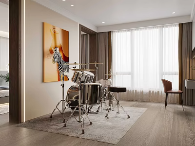 Modern Entertainment Room Interior With Drums Set Zebra Painting And Accent Chair 3d model