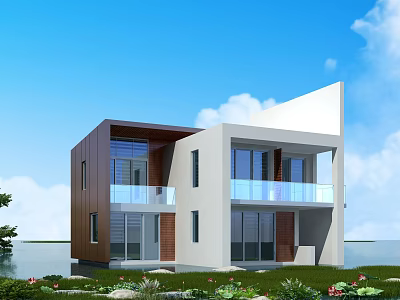 Modern Detached Villa White Brown Exterior With Glass Balcony Large Windows And Waterfront Lawn 3d model