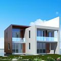 Modern Detached Villa White Brown Exterior With Glass Balcony Large Windows And Waterfront Lawn