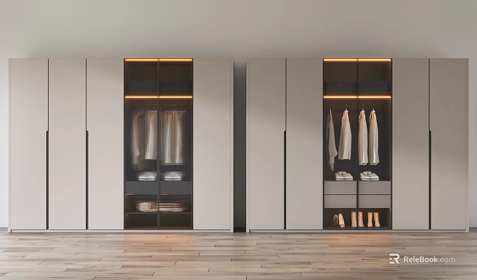 Modern Wardrobe with Glass Doors Built-in Lighting Drawers and Clothing Hanging Area 3d model 