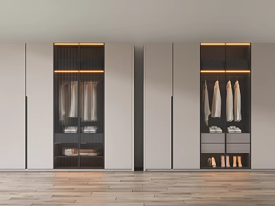 Modern Wardrobe with Glass Doors Built-in Lighting Drawers and Clothing Hanging Area 3d model