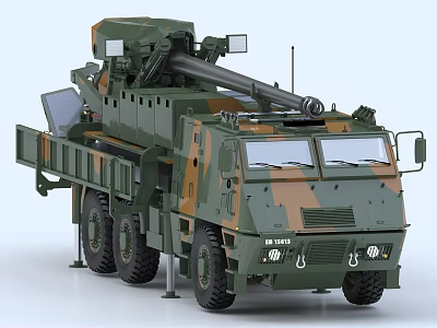 Camouflage Military Weapon System With Artillery Cannon On Heavy Combat Truck 3d model