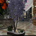 Tropical Restaurant Interior With Lush Green Plants Purple Tree And Wooden Decor