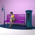 Person In Yellow Top Sitting On Purple Bench With Blue Street Lamp And Mailbox