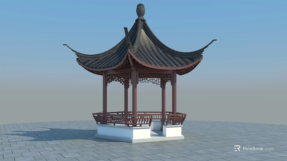 Traditional Chinese Pavilion With Black Tiled Roof Red Pillars And White Base On Stone Floor 3d model 