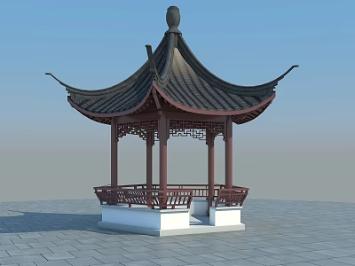Traditional Chinese Pavilion With Black Tiled Roof Red Pillars And White Base On Stone Floor 3d model
