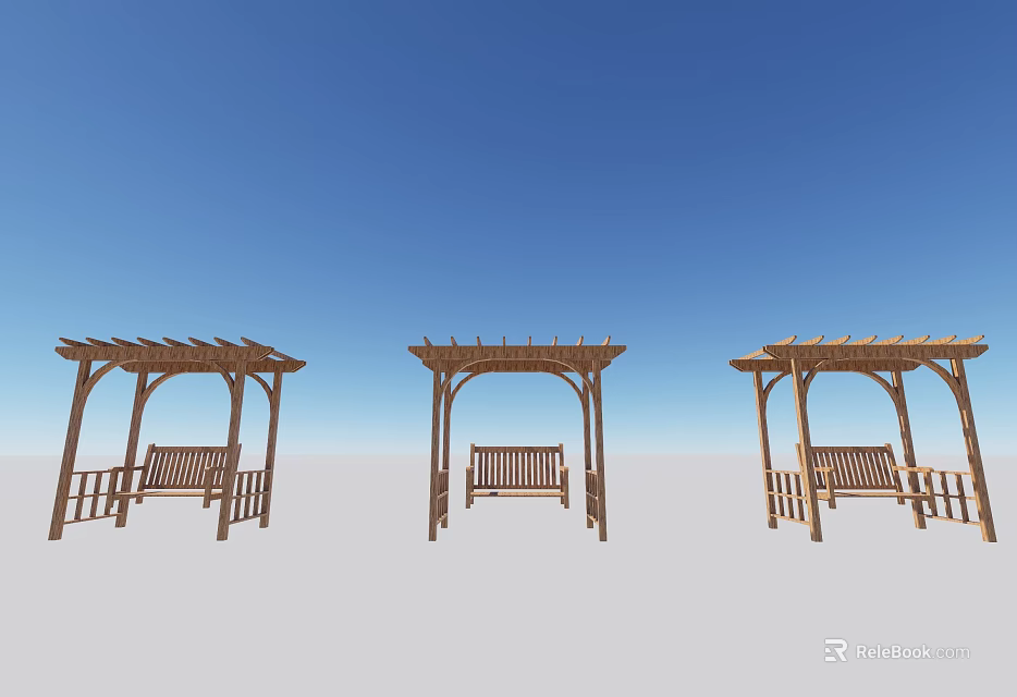 Three Outdoor Wooden Pergolas With Benches Against Clear Blue Sky 3d model 
